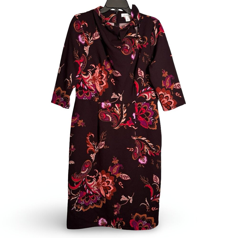 Liz Claiborne Floral Sheath Dress Womens 12 Paisley 3/4‎ Sleeves Tie Neck Midi - Picture 2 of 8